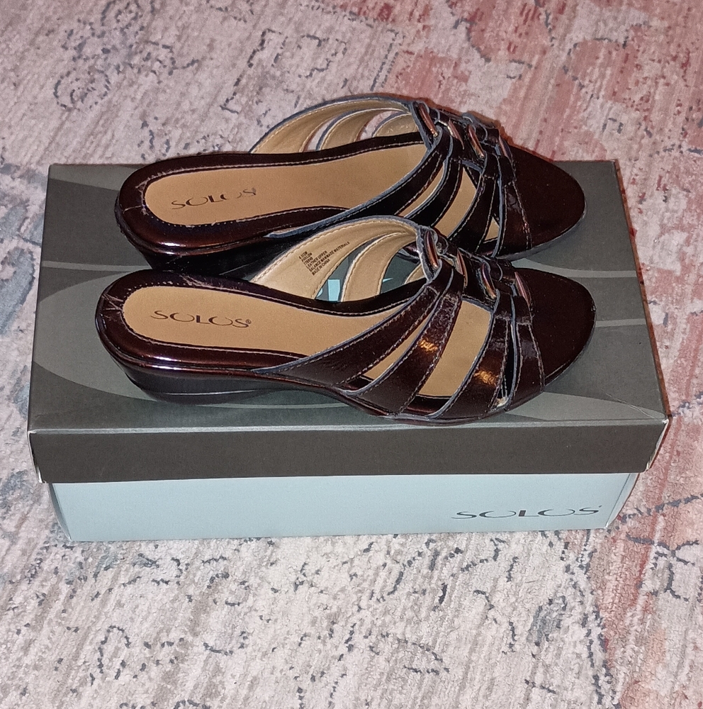 Solos Brand brown Leather strap Wedge Heels Size 6.5